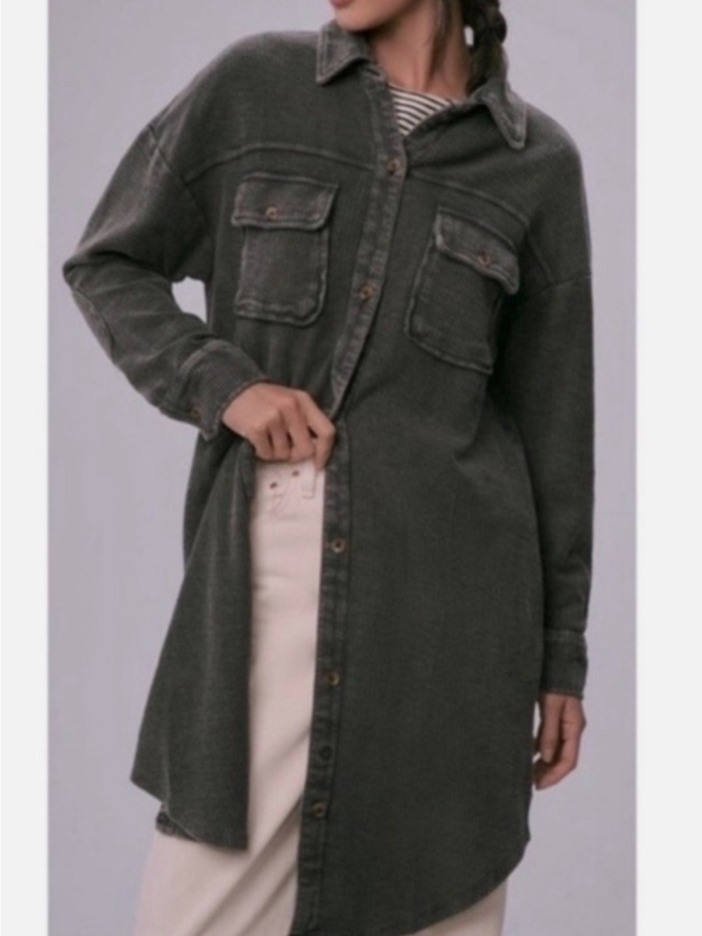 Pilcro Long Dark Gray Button-Front Jacket
